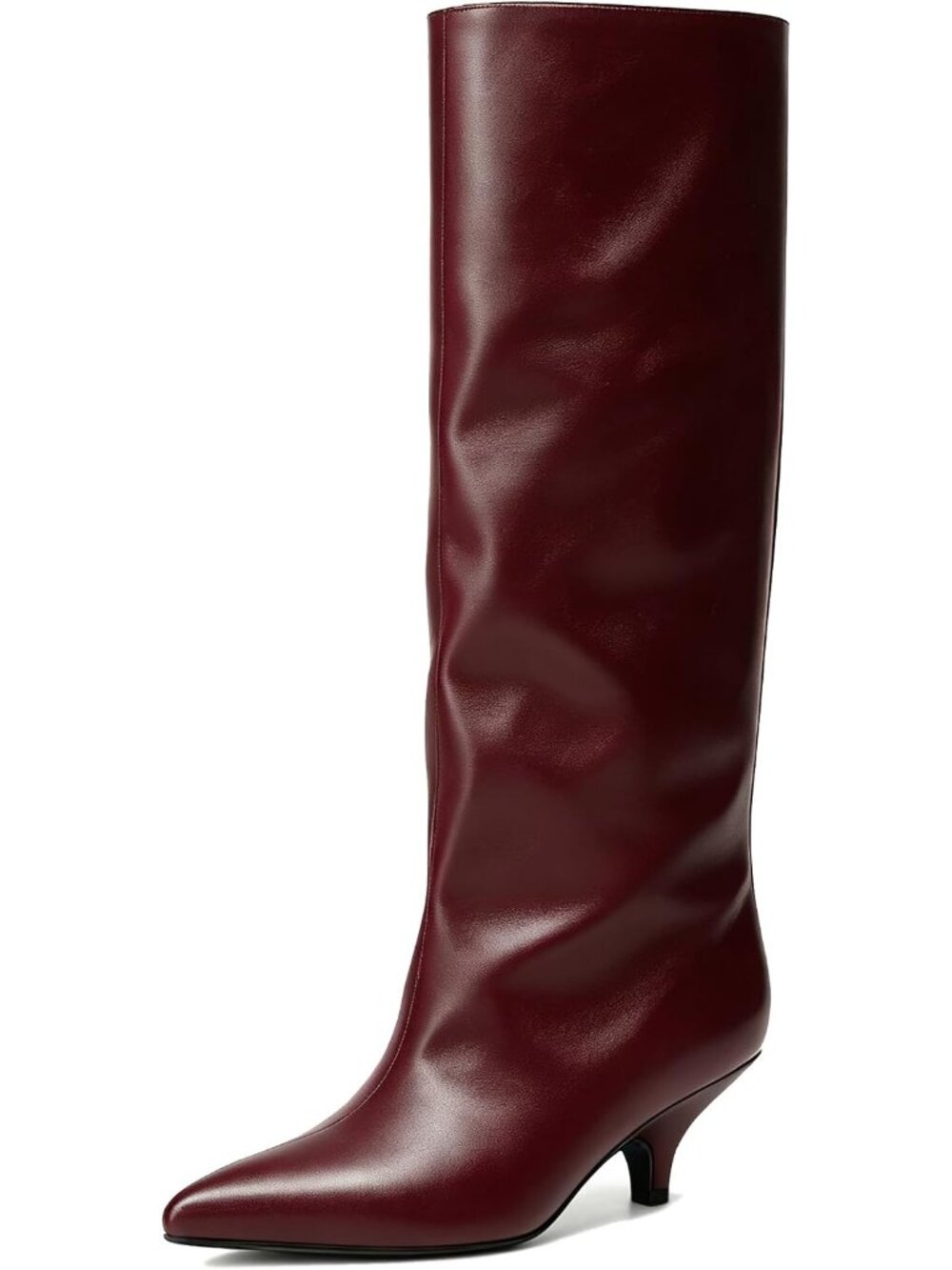 Women Burgundy Faux Leather Pointed-Toe Wide Calf Low Kitten Knee-High Boot